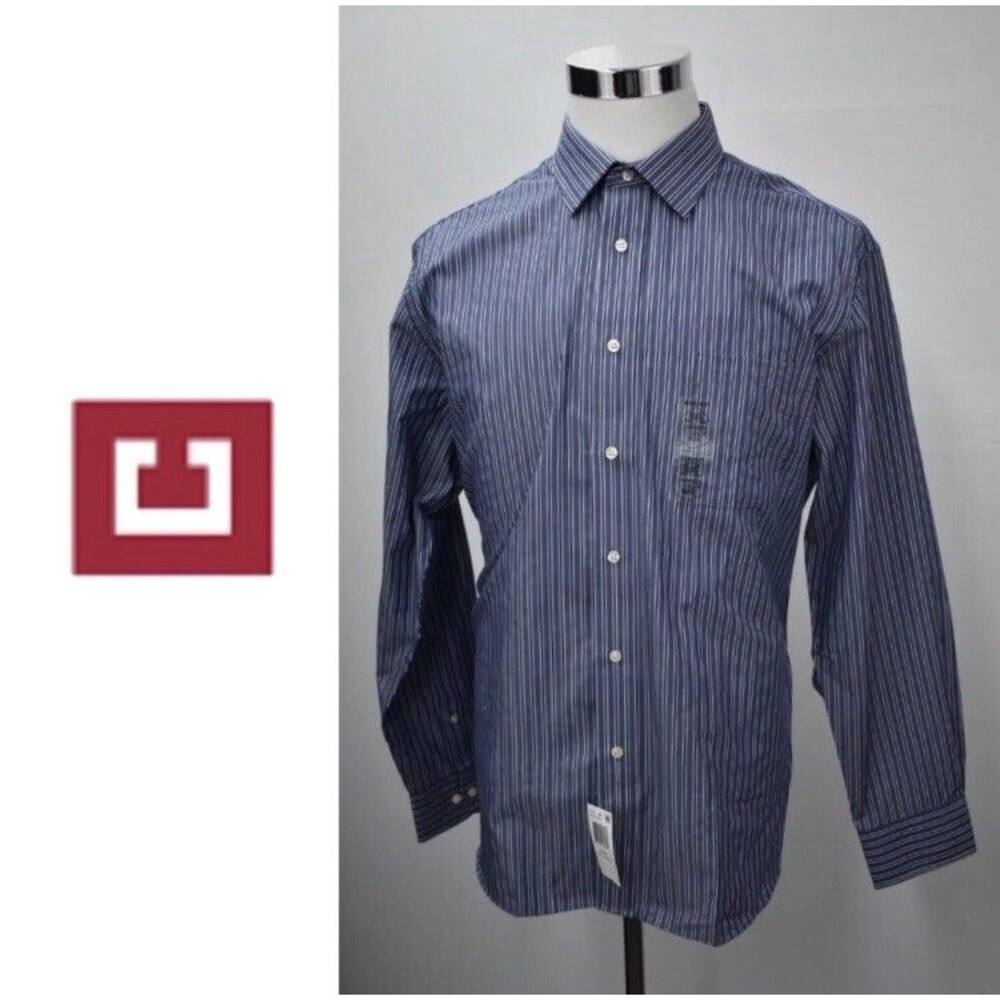 NWT. CHAPS Gent’s Candy Stripe Dress Shirt Size XL 17 34-35 Blue Wrenkle Free.